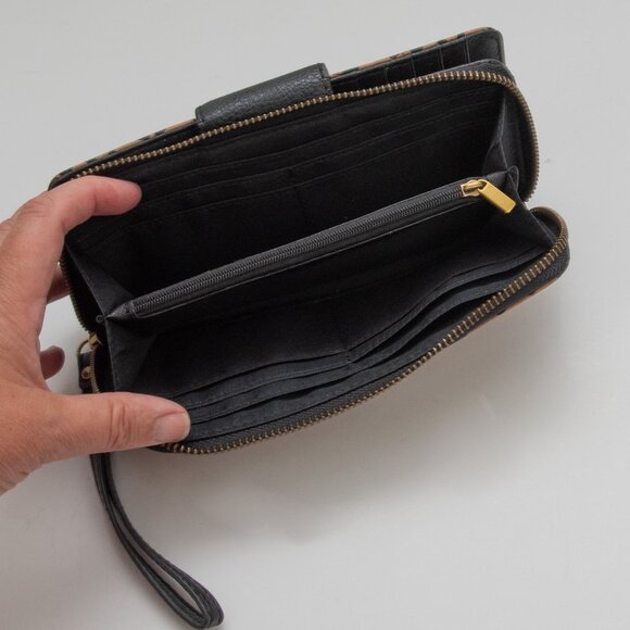 Fossil Zip Clutch Continental Wallet Leopard Pebbled Brown Black - Picture 3 of 8